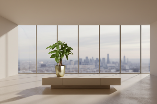 Potted plant with green leaves in a metallic pot on a beige background