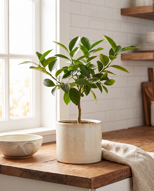 Meyer Lemon Tree in a decorative ceramic pot, sunny kitchen