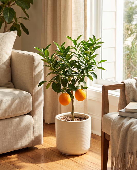 Orange tree in a decorative ceramic pot, living room