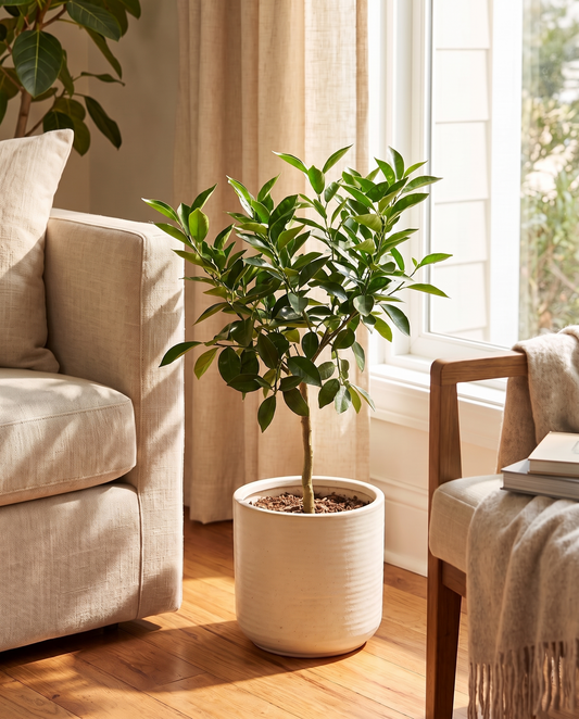Orange tree in a decorative ceramic pot, living room