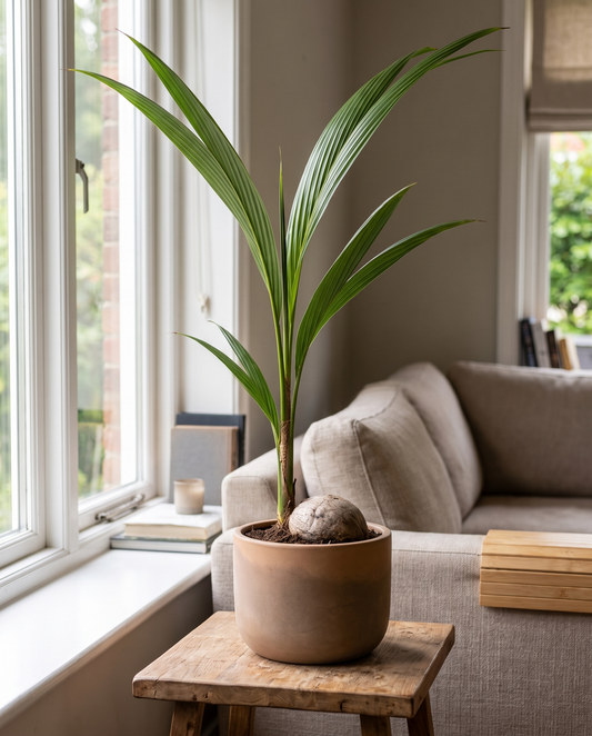 Coconut plant in a decorative ceramic, styled in a room
