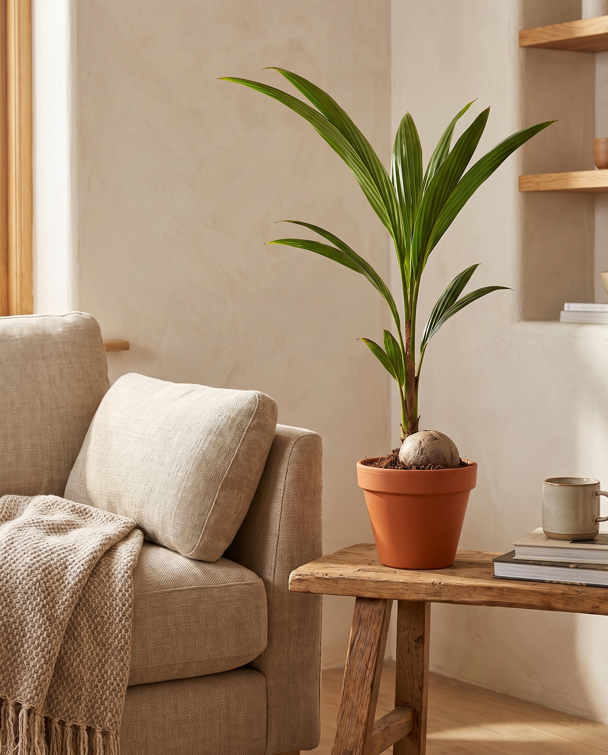 Coconut plant in a grow pot, furniture for scale