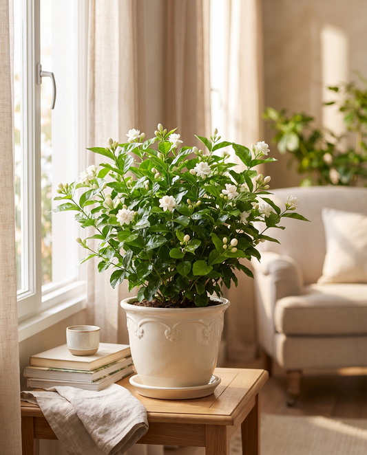 Jasmine sambac large in a decorative ceramic, styled in a room
