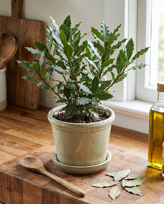 Bay laurel in a decorative ceramic, styled in a kitchen