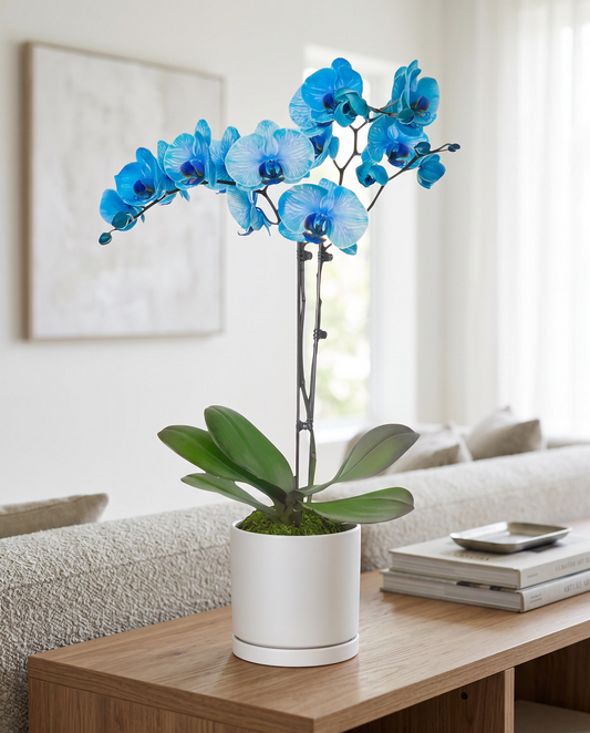 Phalaenopsis orchid in a decorative ceramic, styled in a room