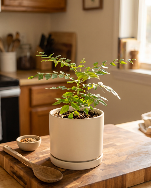Curry leaf in a decorative ceramic, styled in a kitchen