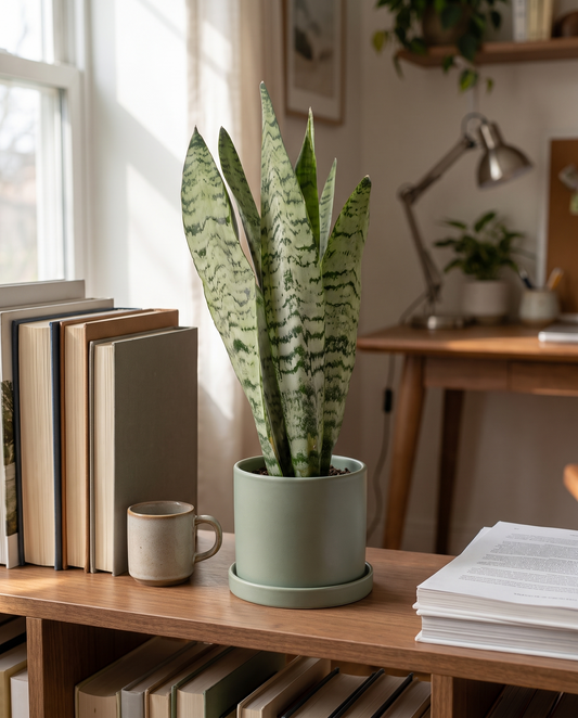 Snake plant in a decorative ceramic, styled in a room