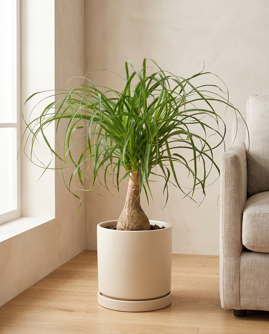 Ponytail palm in a decorative ceramic, styled in a room