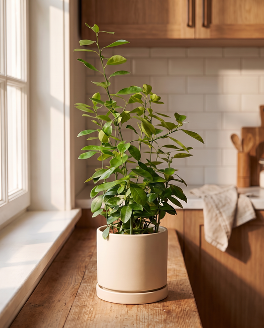 Calamondin in a decorative ceramic, styled in a room