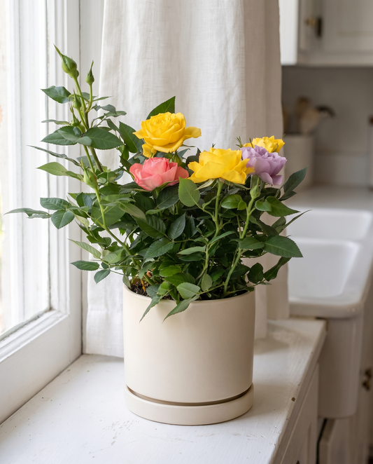 Mini rose in a decorative ceramic, styled in a kitchen