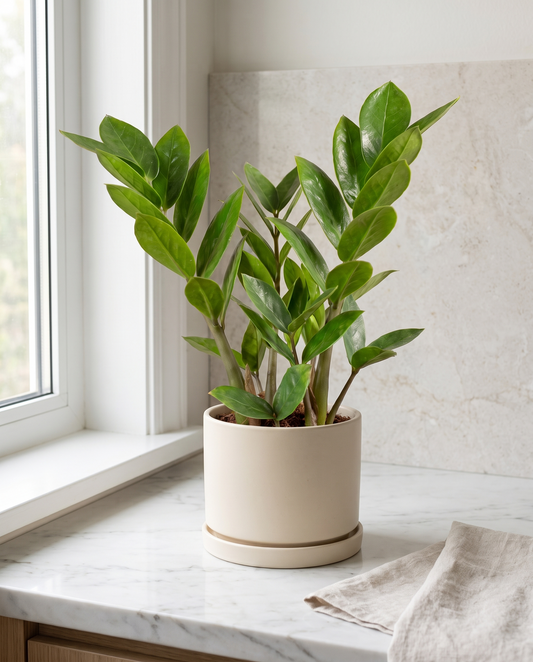 ZZ plant in a decorative ceramic, styled in a room