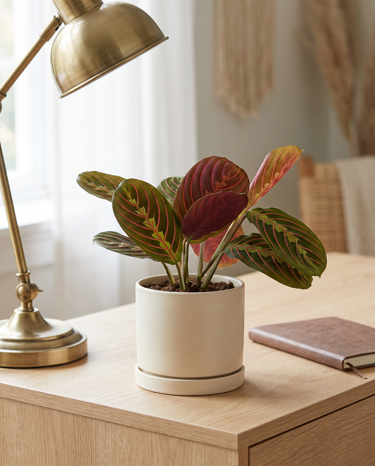 Red prayer plant in a decorative ceramic, styled on a desk