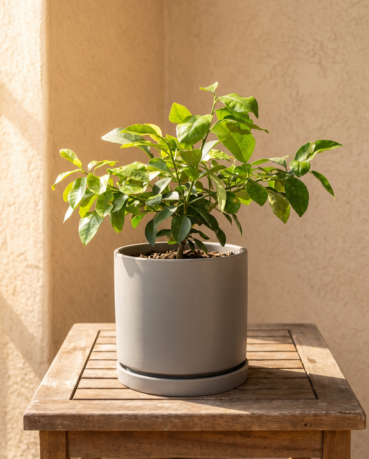 Grapefruit tree in a stone ceramic on a patio table