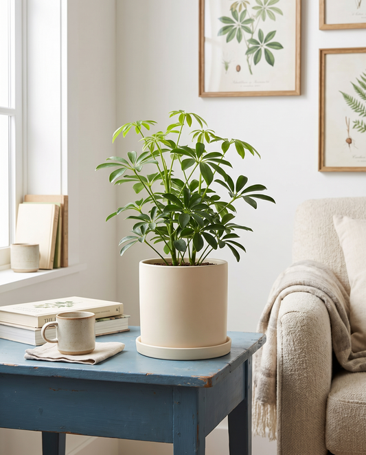 Dwarf umbrella tree in a decorative ceramic, styled on a side table