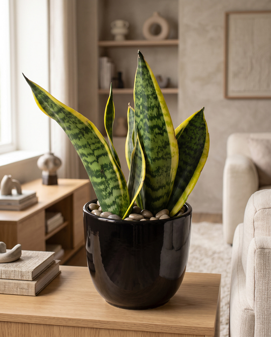 Sansevieria Sensa in black ceramic on an oak living-room console