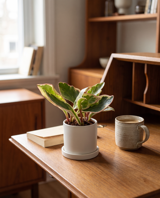 Peperomia tri-color in a white ceramic on a writing desk