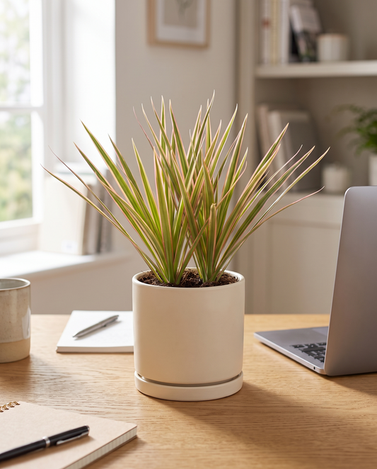 Dracaena Marginata Bicolor in a cream ceramic on a wood desk