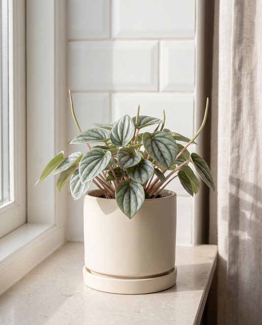 Peperomia Frost in a cream ceramic on a stone kitchen windowsill