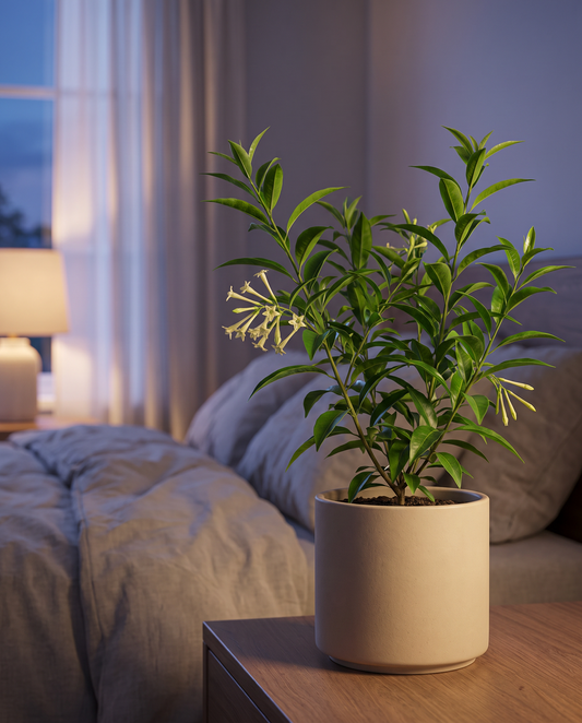 Night Blooming Jasmine in a decorative ceramic pot, bedroom at dusk