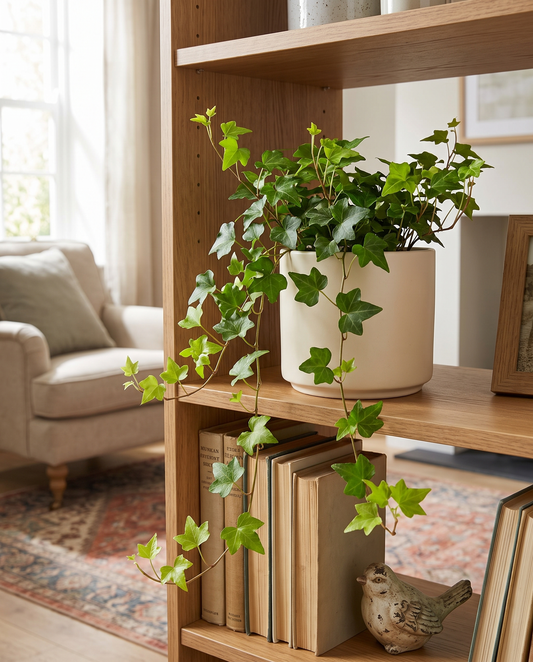 English Ivy in a decorative ceramic pot, trailing on a bookshelf