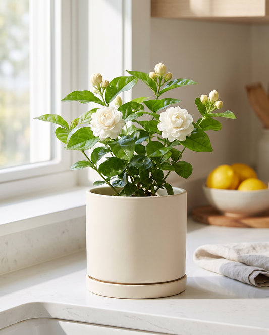 Jasmine Duke of Tuscany in a decorative ceramic pot, bright kitchen