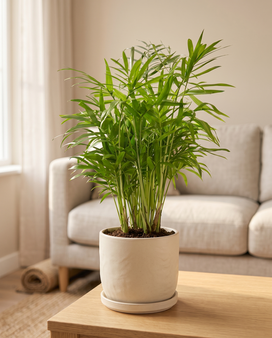 Areca Palm in a decorative ceramic pot, living room side table