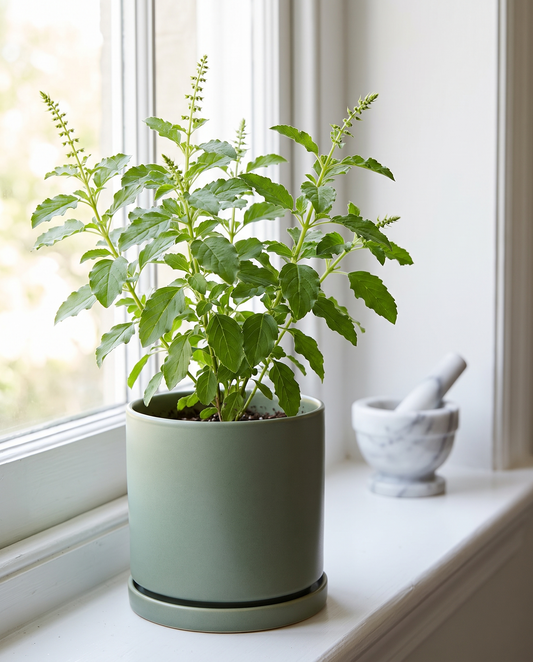 Holy Basil Tulsi in a decorative ceramic pot, kitchen windowsill