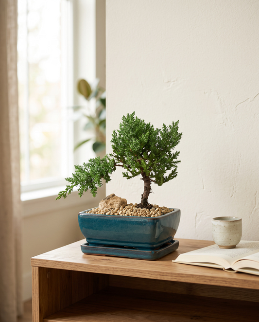 Juniper bonsai in the included teal ceramic pot, styled in a room