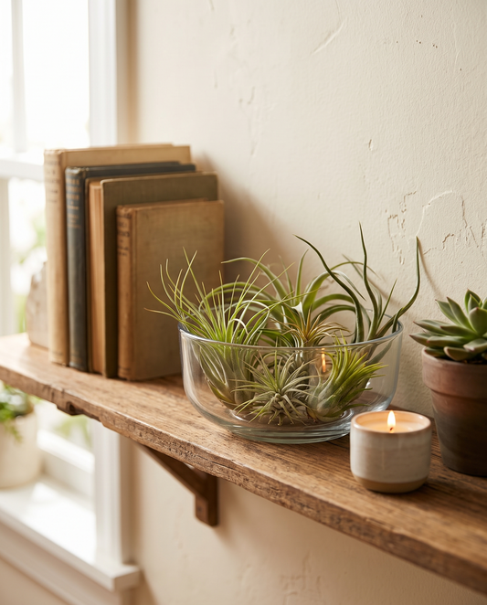 Air plants in a glass bowl on a shelf, holder not included