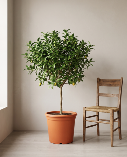Meyer Lemon Tree in a 10-inch grow pot, beside a chair for scale