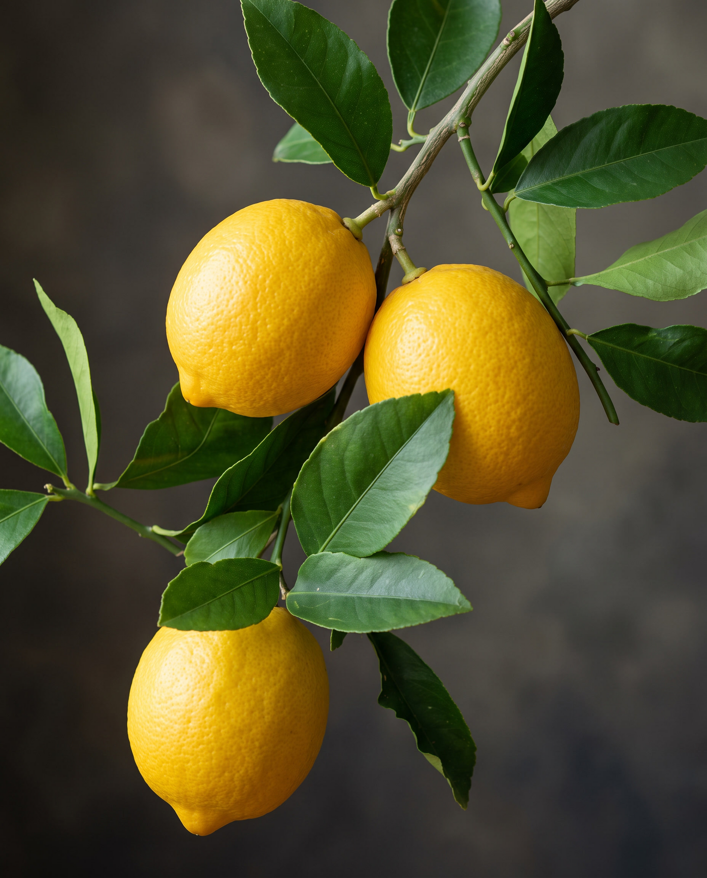 Meyer lemon fruit and glossy citrus leaves, close-up