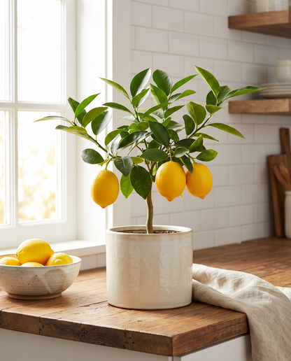Meyer Lemon Tree in a decorative ceramic pot, sunny kitchen