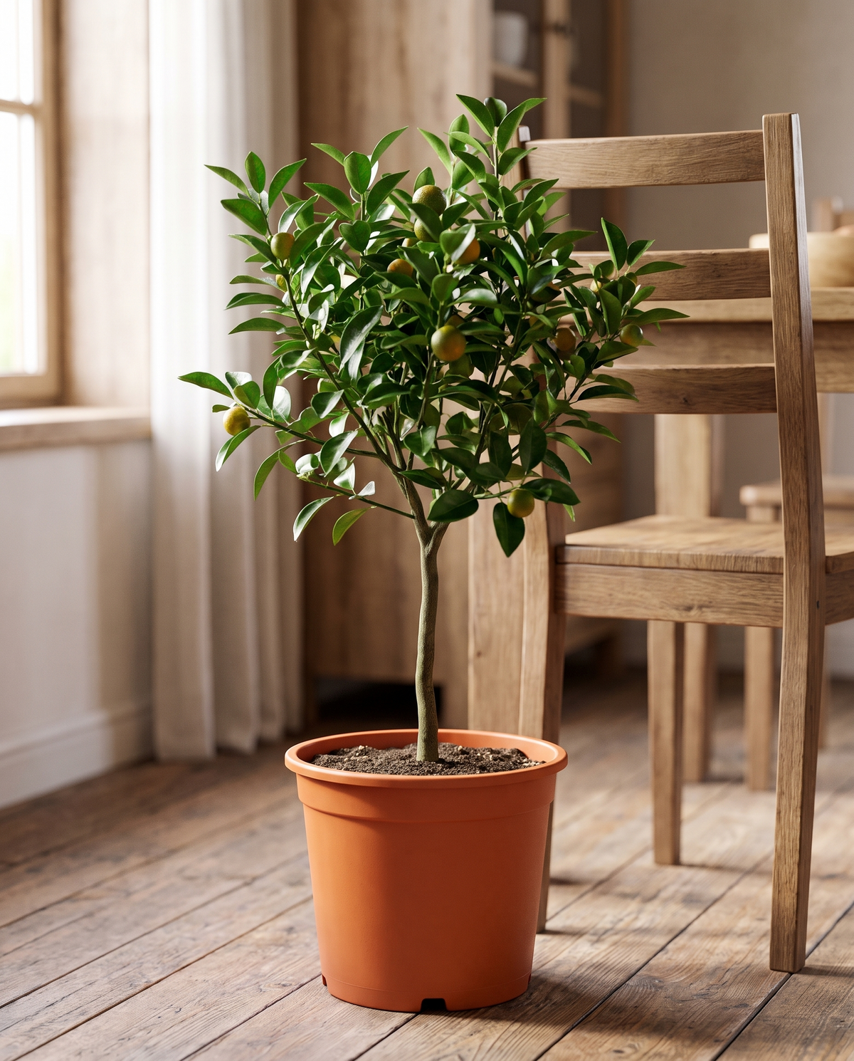 Orange tree in a 10-inch grow pot, beside a chair for scale
