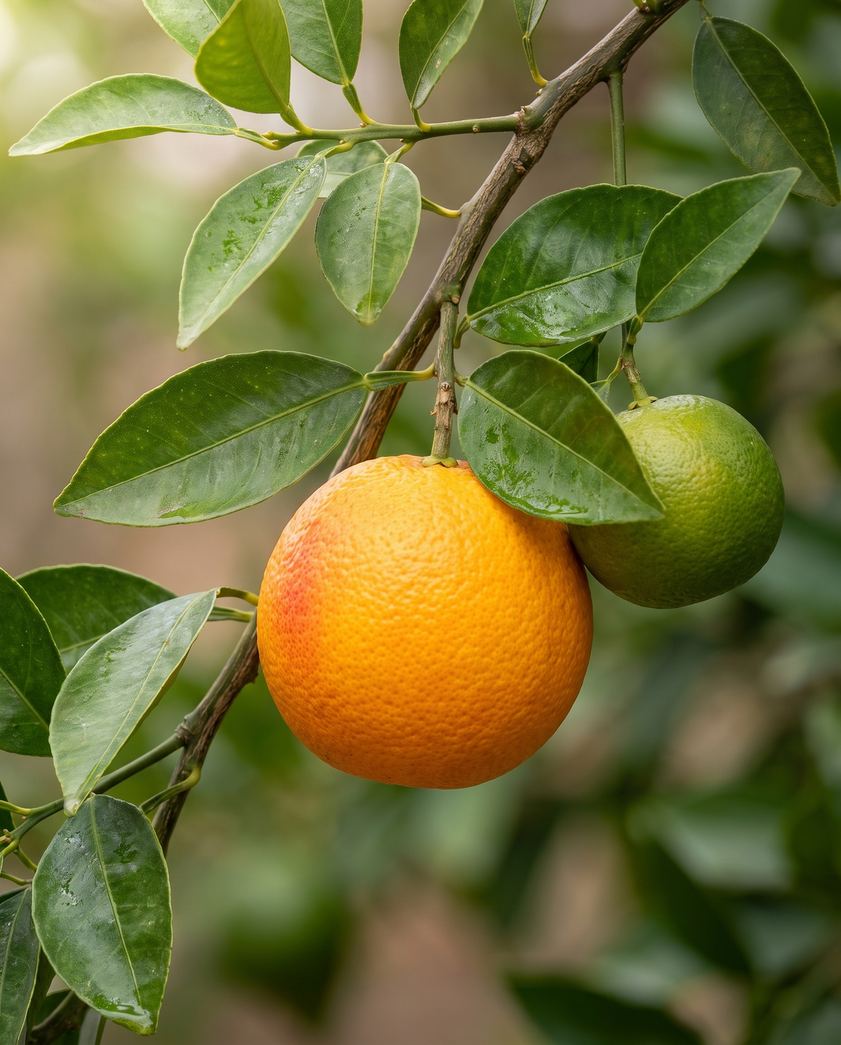 Orange fruit and citrus leaves, close-up