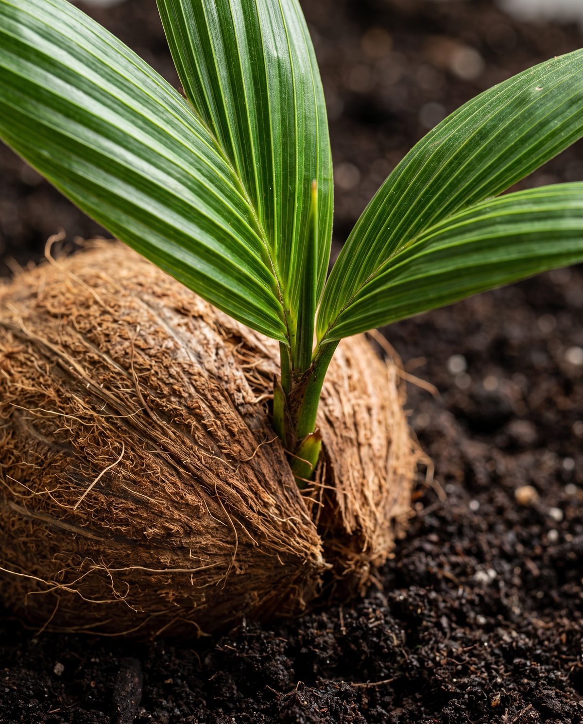 Coconut husk and young fronds, close-up