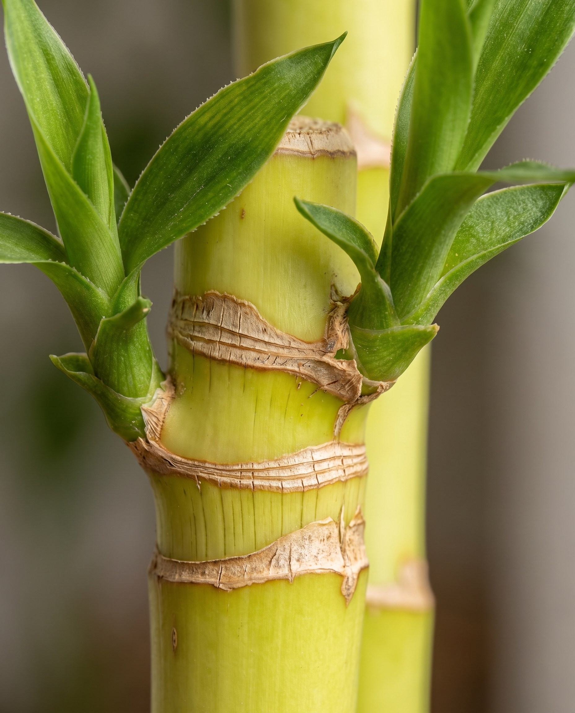 Lucky bamboo cane and leaves, close-up