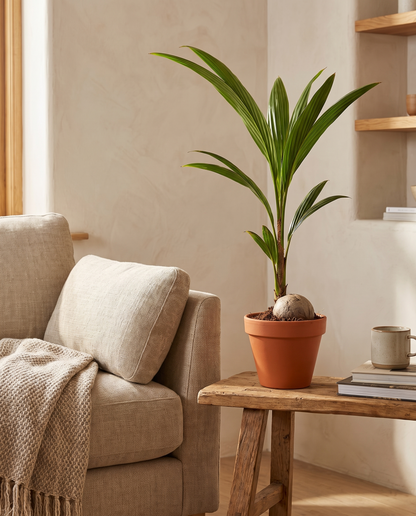 Coconut plant in a grow pot, furniture for scale