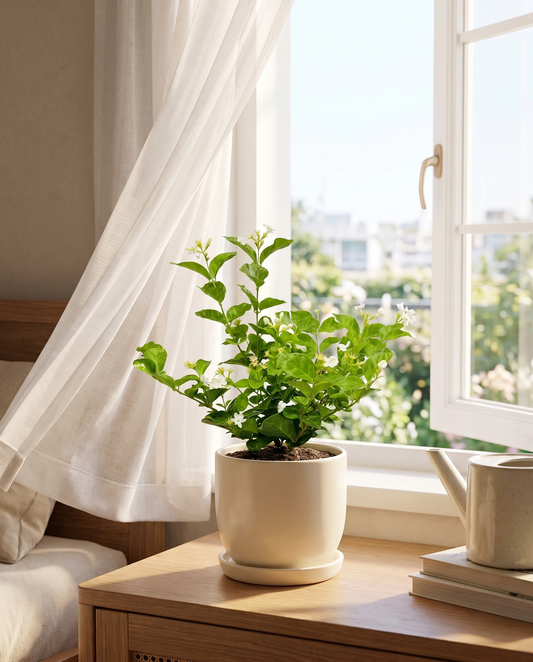 Jasmine Sambac bush in a decorative ceramic, styled in a room