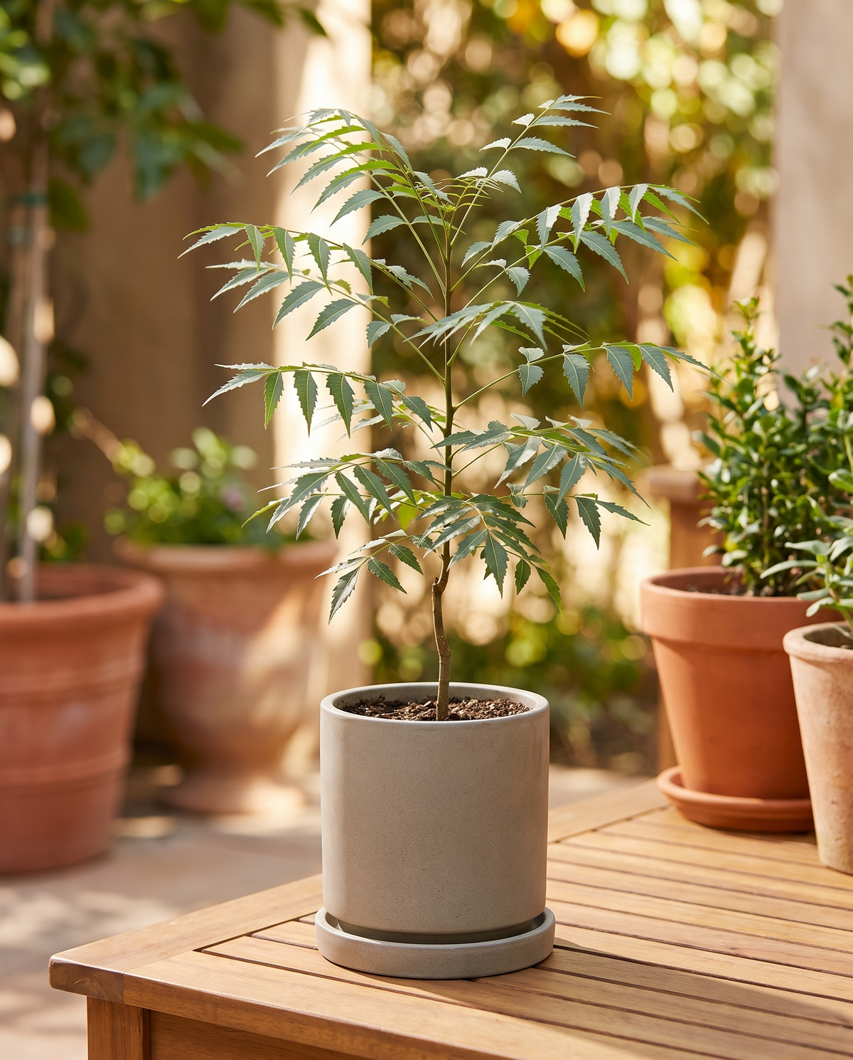 Neem plant in a decorative ceramic, styled in a room