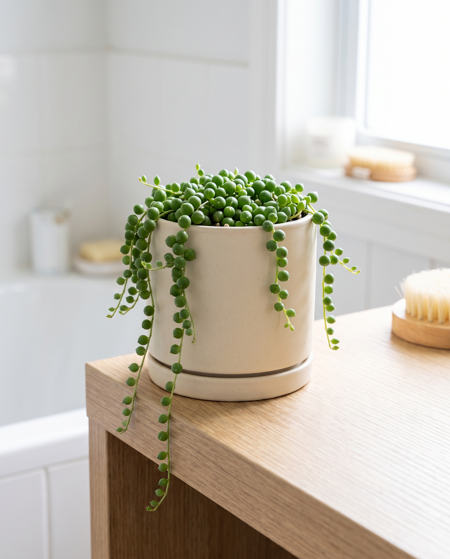 String of pearls in a decorative ceramic, styled in a room