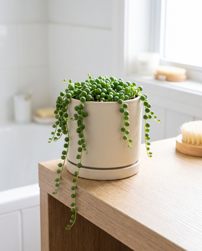 String of pearls in a decorative ceramic, styled in a room