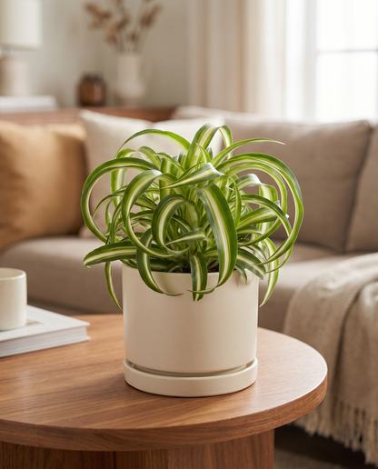 Spider plant in a decorative ceramic, styled in a room