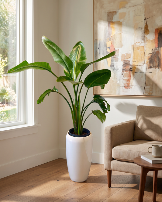Bird of Paradise in the included white planter, styled in a room