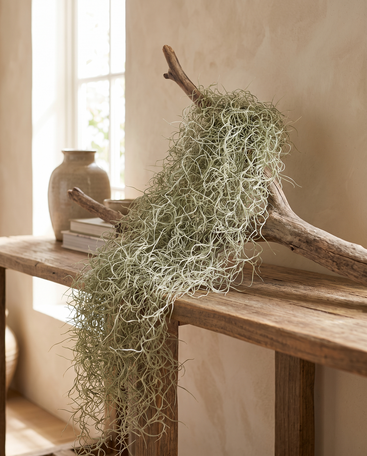 Spanish moss draped on driftwood, prop not included