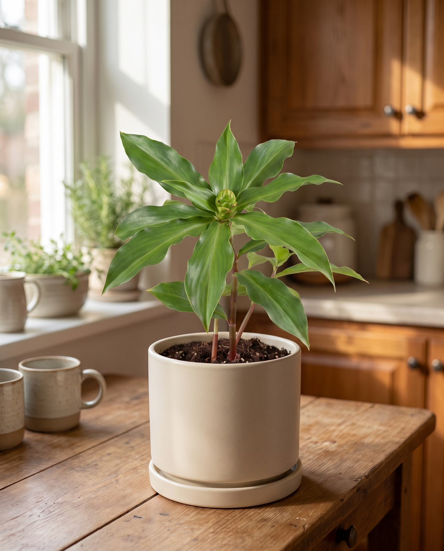 Costus Igneus in a decorative ceramic, styled in a room