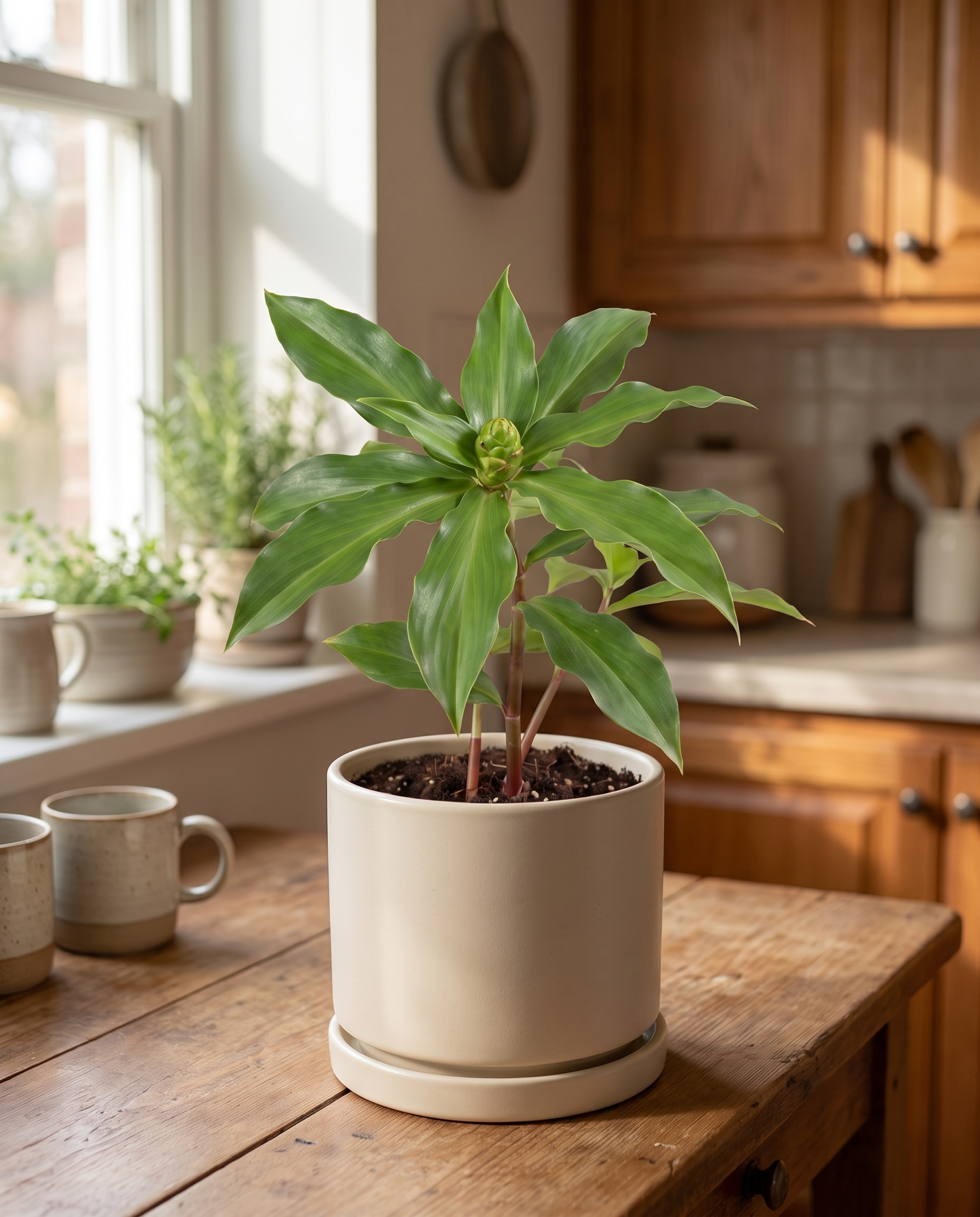 Costus Igneus in a decorative ceramic, styled in a room