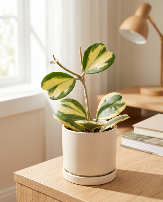 Hoya kerrii reverse in a decorative ceramic, styled in a room