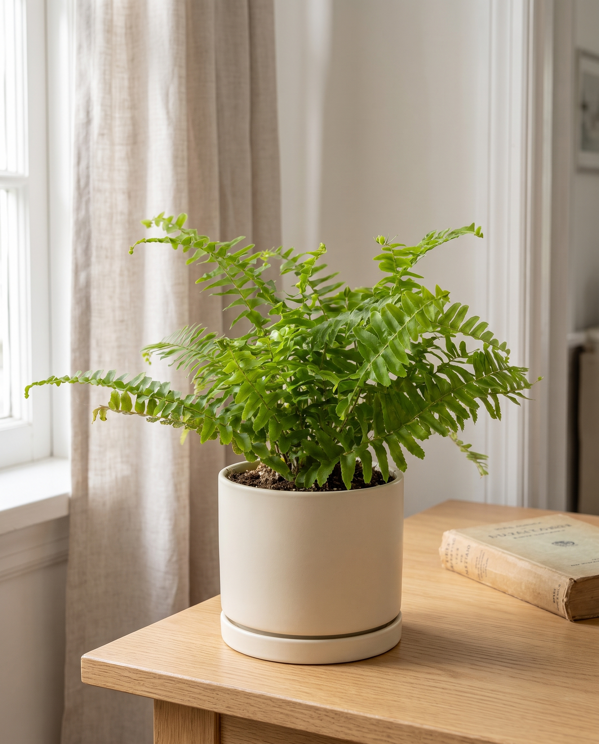 Boston fern in a decorative ceramic, styled in a room