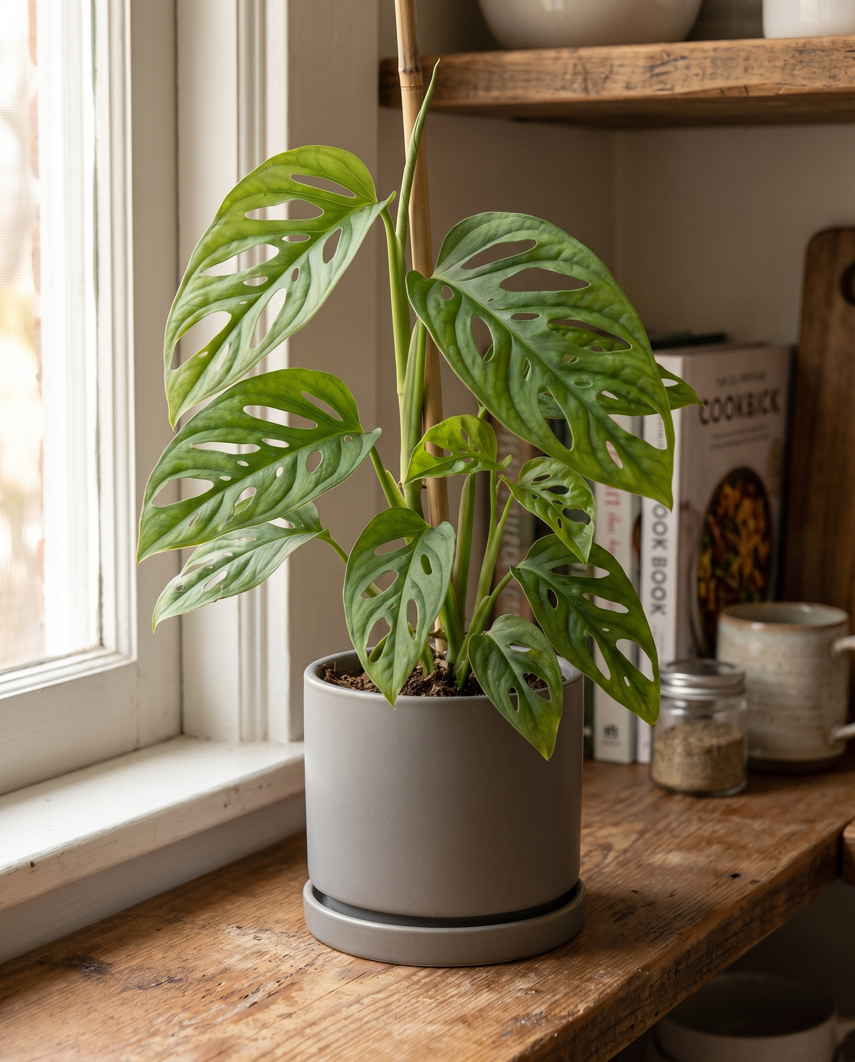 Swiss cheese vine in a decorative ceramic, styled in a room