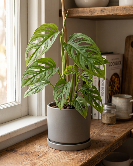 Swiss cheese vine in a decorative ceramic, styled in a room